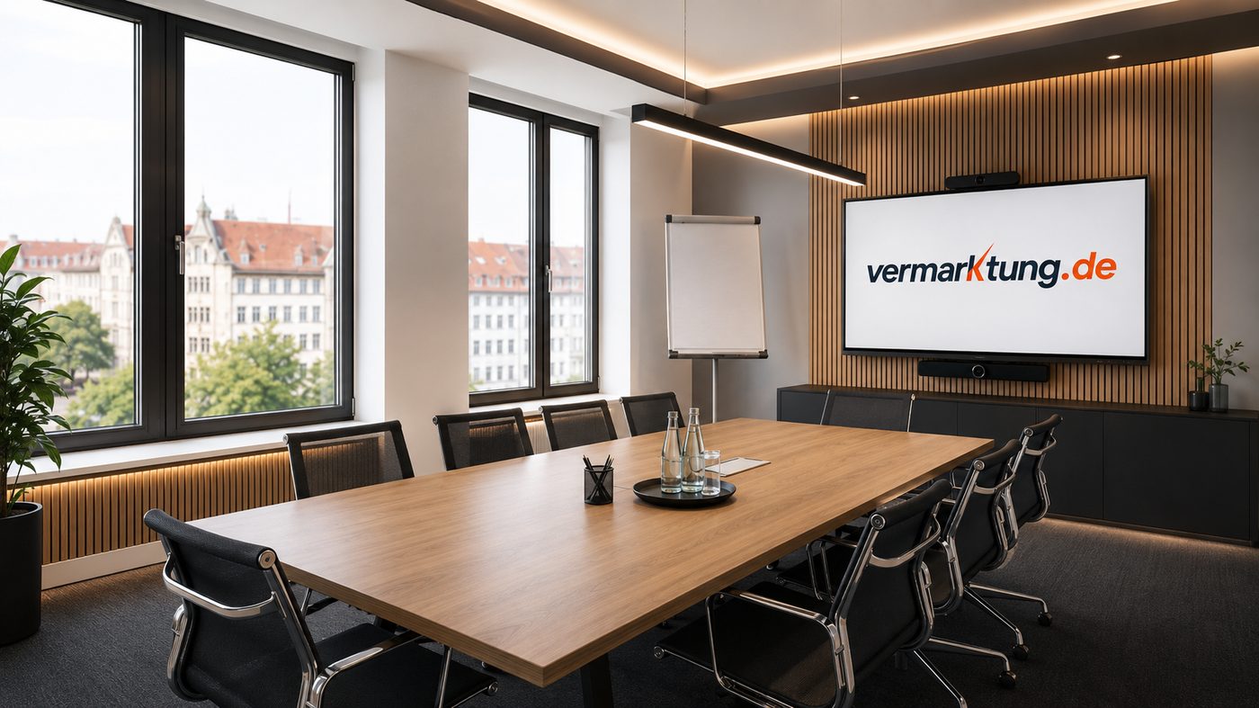 Konferenzraum mit Vermarktung-Logo