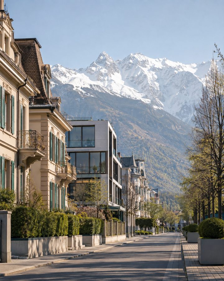 Schweizer Straßenzug mit Alpenpanorama