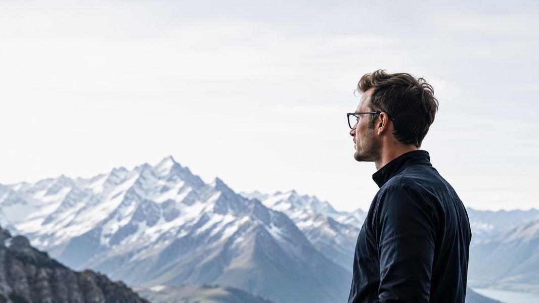 Gutachter mit Blick auf ein Bergpanorama
