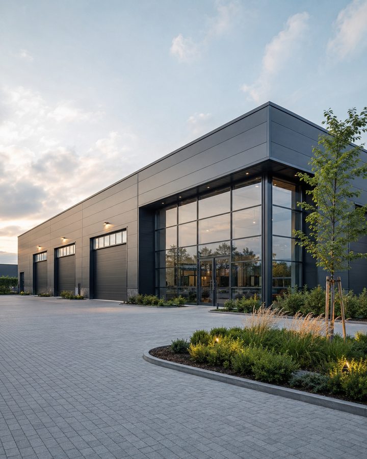 Moderne Gewerbehalle mit Glasfront in der Abenddämmerung