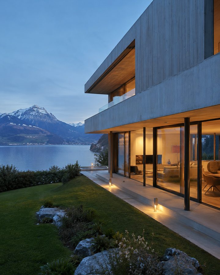 Modernes Schweizer Haus über einem See mit Alpenpanorama