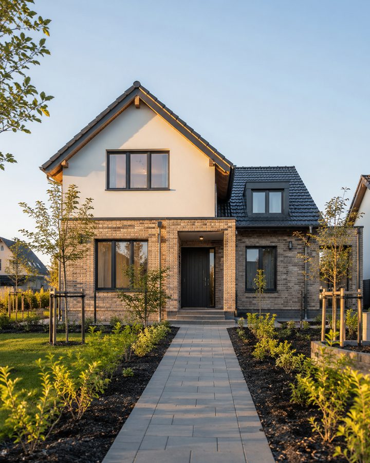 Neu gebautes Einfamilienhaus mit Klinkerfassade am Morgen